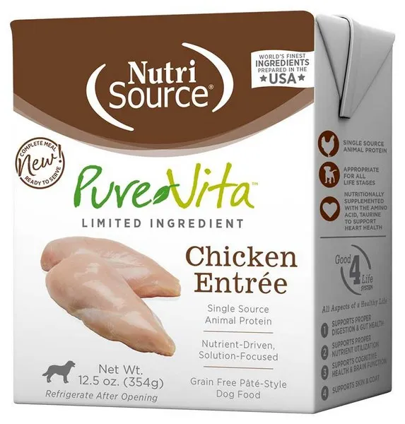 12/12.5 oz. Nutrisource Pure  Grain Free Chicken Entree Dog Tetra Packs - Treat